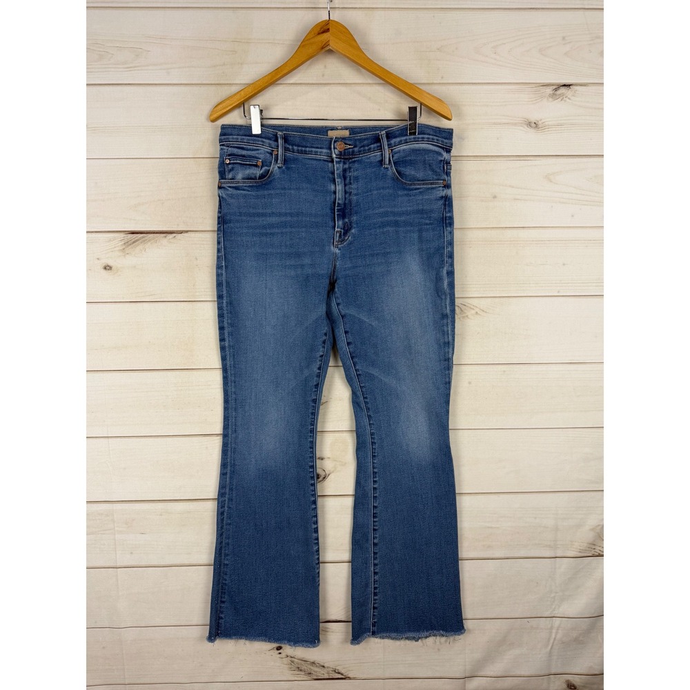 Mother Jeans 33 The Weekender Fray Connect The Dots Blue Flare Raw Hem